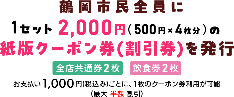 鶴岡市民全員に1セット3,000円の紙版クーポン券（割引券）を発行